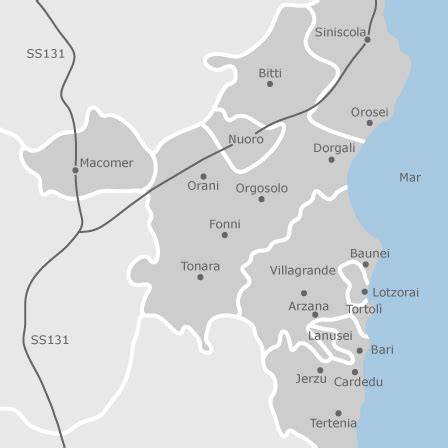 Mappa del Circondario di Nuoro con evidenziato Gavoi e i comuni circostanti