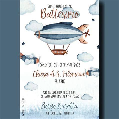 Esempio di invito a battesimo a tema mongolfiera con nuvole per informazioni