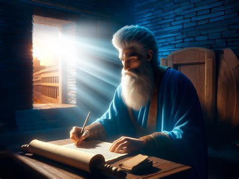 illustrazione di un antico profeta che firma un atto di acquisto in una città assediata (stile biblico realistico)