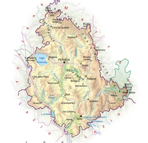 Mappa dell'Umbria con evidenziata la posizione di Cascia e Roccaporena nella Valnerina