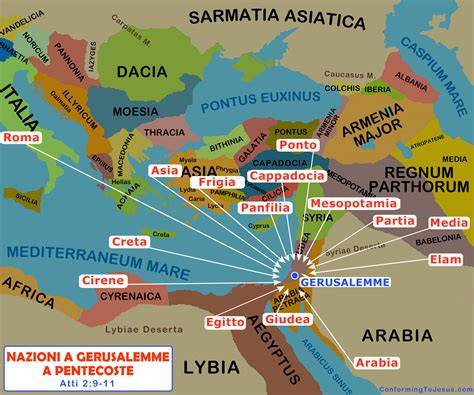 Mappa delle regioni e dei popoli menzionati in Atti 2