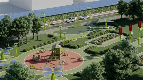Rendering di un parco urbano moderno e inclusivo