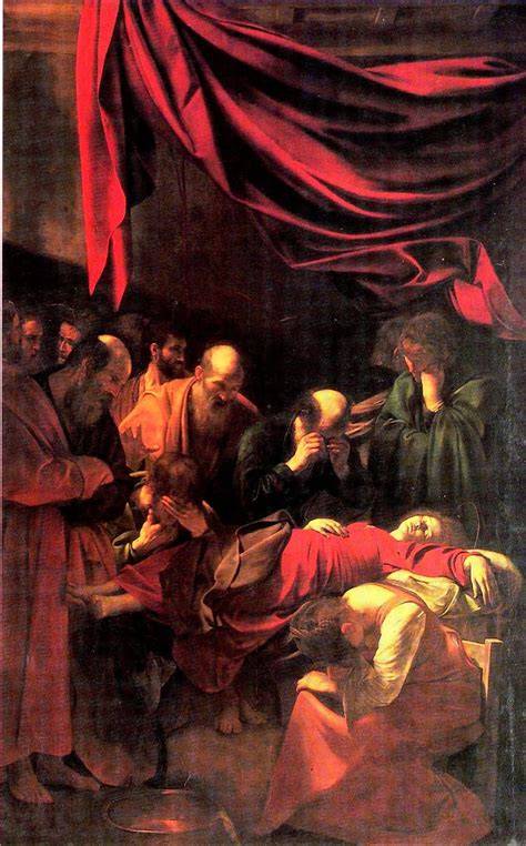 Scomposizione dell'opera La Morte della Vergine: dettagli anatomici, disposizione dei personaggi e analisi della luce e dei volumi.