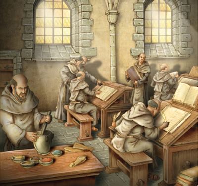 Illustrazione di monaci che lavorano nello scriptorium di Montecassino