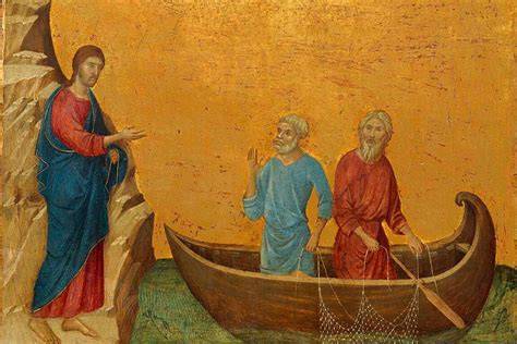 Rappresentazione di Gesù che chiama Pietro, Andrea, Giacomo e Giovanni dalla barca
