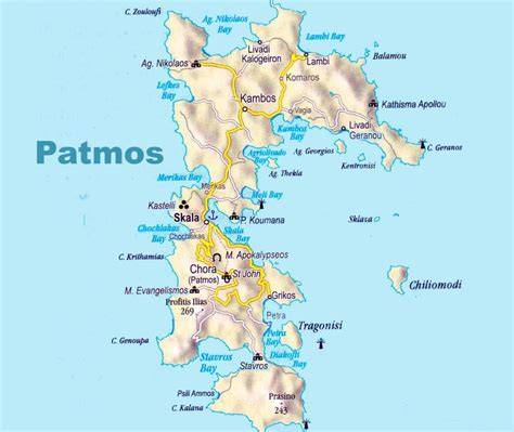 Mappa dell'isola di Patmos o illustrazione di Giovanni Evangelista in esilio e la visione dell'Apocalisse