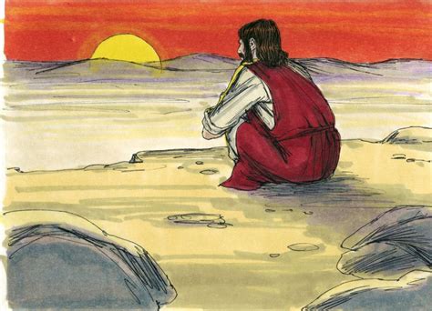 Illustrazione di Gesù nel deserto circondato da tentazioni