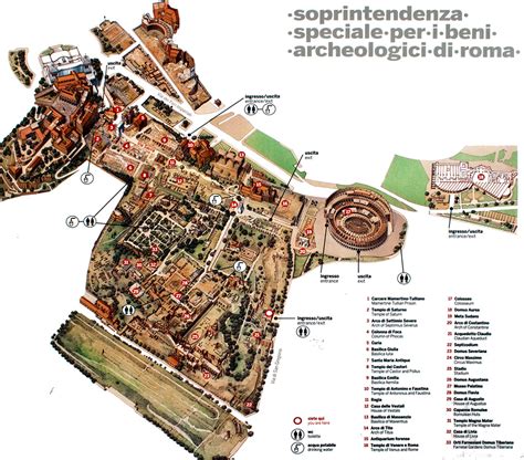 Mappa del Palatino con indicazione degli ingressi e dei principali monumenti