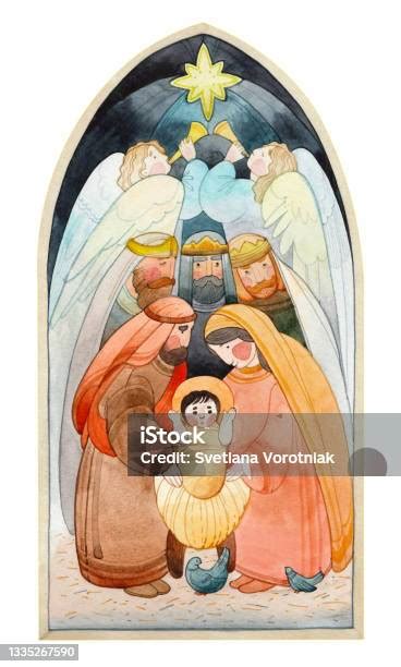 Illustrazione della Natività di Gesù con Maria, Giuseppe, i Magi e gli angeli.