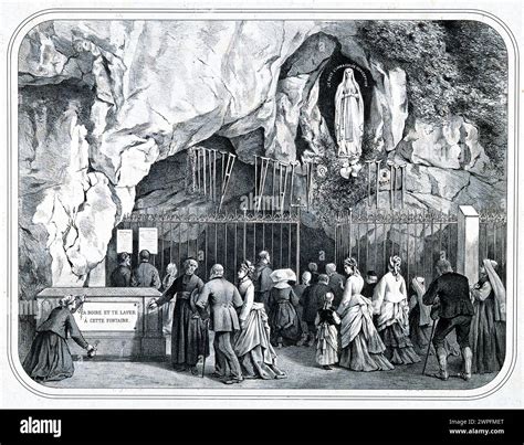 Illustrazione storica della Grotta di Massabielle a Lourdes, luogo delle diciotto apparizioni mariane del 1859.