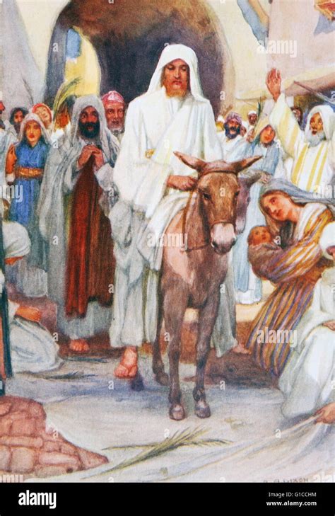 Illustrazione stilizzata dell'ingresso di Gesù a Gerusalemme su un asinello circondato da folla festante