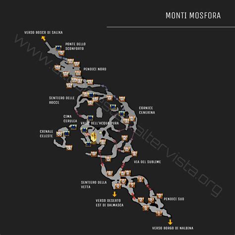 Mappa del Monti Mosfora con il percorso per Exodus e i santuari del vento