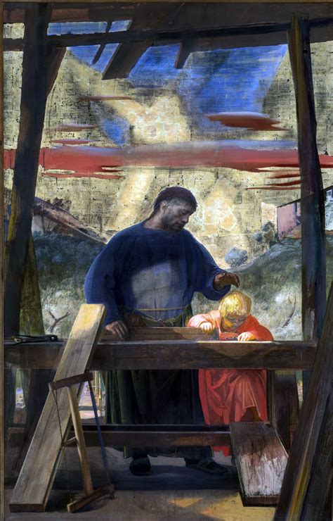 illustrazione di San Giuseppe al lavoro, con Gesù bambino che lo osserva