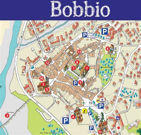 Mappa del centro storico di Bobbio con l'indicazione di Piazza San Colombano come location principale dei concerti.