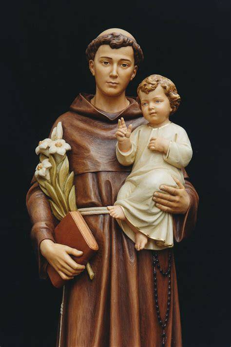 Illustrazione di Sant'Antonio con il Bambino Gesù in un contesto medioevale