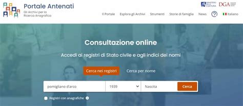 Interfaccia del Portale Antenati con un esempio di registro digitalizzato