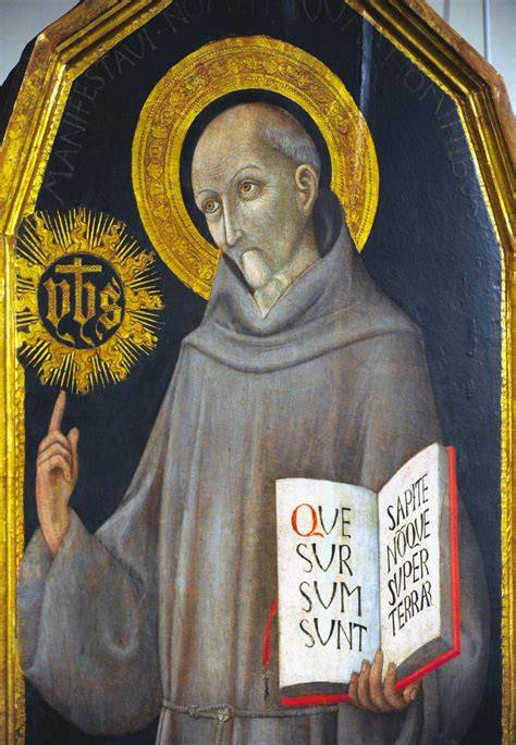Ritratto di San Bernardino da Siena in abito francescano, con libro e tavoletta con monogramma JHS