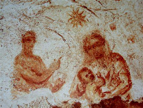 Affresco della Madonna con il Bambino e il Profeta nelle Catacombe di Priscilla, Roma (III secolo)