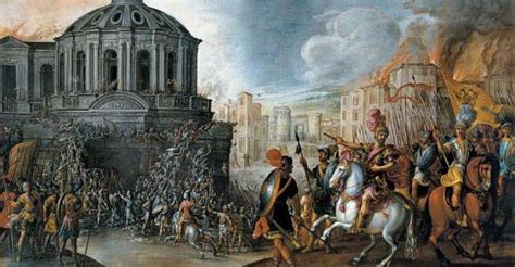 Illustrazione del Sacco di Roma del 1527 con lanzichenecchi e spagnoli che devastano la città