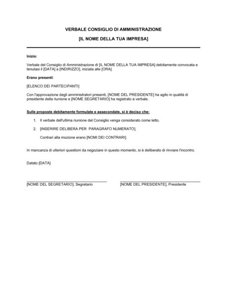 Esempio di verbale di riunione del Consiglio di Amministrazione.