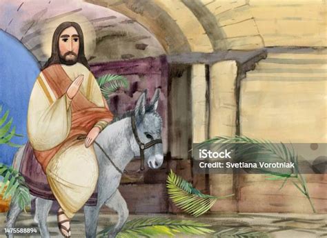 Illustrazione dell'ingresso di Gesù a Gerusalemme con rami di palma e ulivo