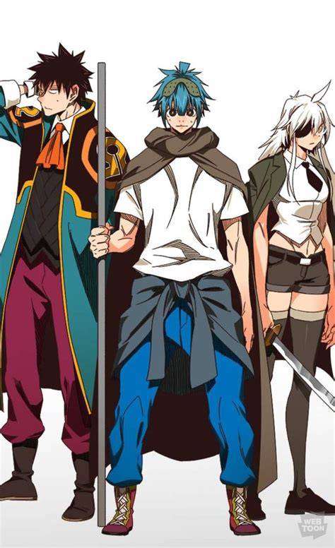 Arte ufficiale dei personaggi principali di The God of High School: Mori Jin, Daewi Han, Mira Yoo