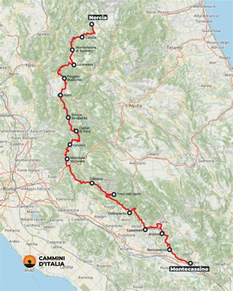 Mappa del tratto del Cammino di San Benedetto che include l'Abbazia di Casamari