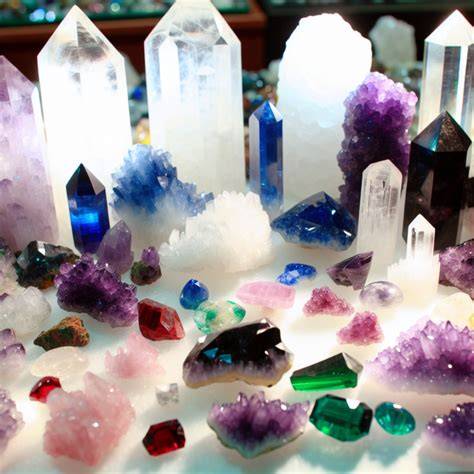 Cristalli di varie forme e colori, con didascalie