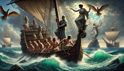 Illustrazione di Ulisse sulla sua nave con vele spiegate, in mare aperto, simbolo di coraggio e fiducia nel viaggio della vita