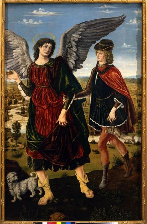 Illustrazione del viaggio di Tobiolo e l'Arcangelo Raffaele in un paesaggio antico