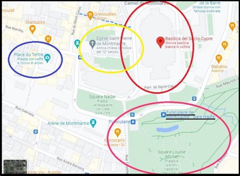 Mappa che indica la posizione della Basilica del Sacro Cuore (cerchio rosso) e altri punti di interesse a Montmartre