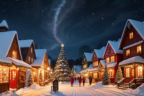 illustrazione del Villaggio di Babbo Natale con Babbo Natale che saluta dalla sua casa e renne che trainano slitte