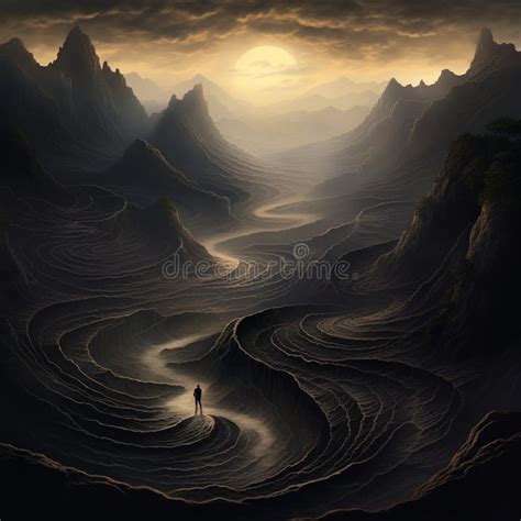 illustrazione di una figura che cammina in un sentiero buio verso un'alba luminosa