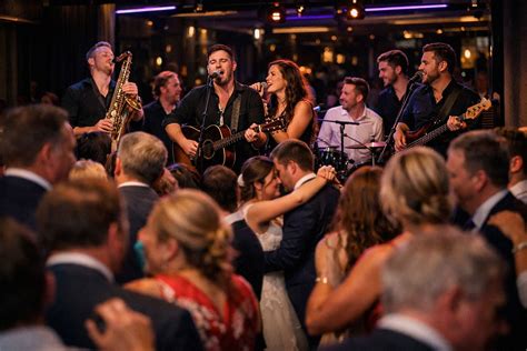 Thematic photo of a live band performing at a wedding, with elegant lighting