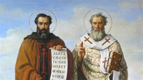 illustrazione dei Santi Cirillo e Metodio insieme, con sfondo che richiama la cultura slava o bizantina