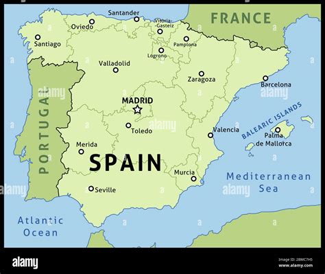 Descrizione: Mappa stilizzata della Spagna con evidenziate le città di Madrid e Toledo, e l'Escorial.
