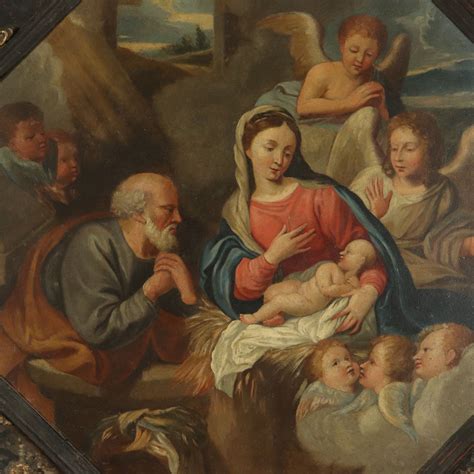Descrizione: Illustrazione della Sacra Famiglia confortata dagli angeli, con San Giuseppe che dorme e riceve un sogno, Maria che legge e putti.
