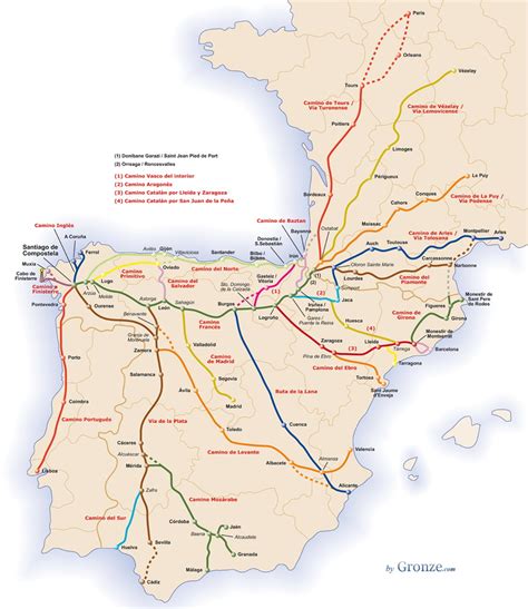 Mappa delle principali vie del Cammino di Santiago in Spagna
