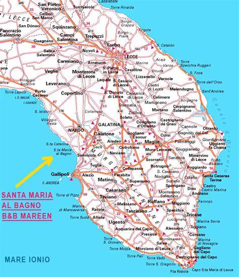 Mappa del Salento con indicazione di Santa Maria di Leuca, punto di incontro Adriatico-Ionio
