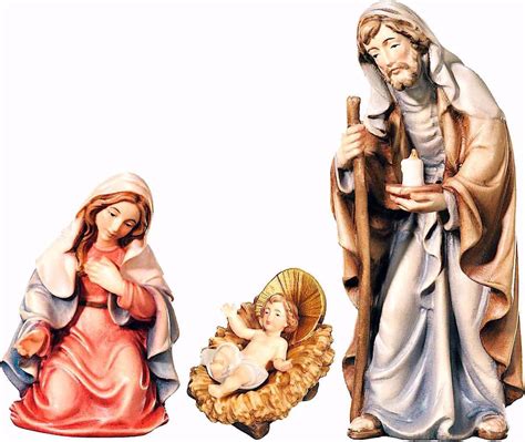 Presepe a blocco in legno intagliato della Val Gardena, Sacra Famiglia compatta