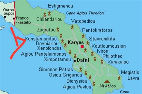 Mappa del Monte Athos con i principali monasteri e la capitale Karyai