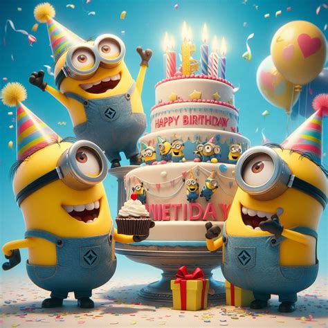 Immagine di Minions che festeggiano con palloncini e cappellini di compleanno