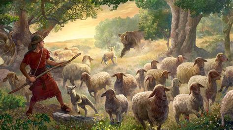 Un'illustrazione pittorica del giovane Davide che pascola le pecore nelle colline della Giudea, con una cetra al fianco