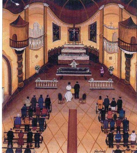 illustrazione di una cerimonia liturgica con sposi all'altare e coro che intona canti sacri