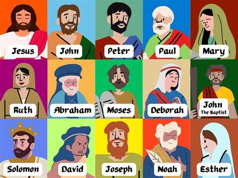 Illustrazione tematica che ritrae vari personaggi biblici in un contesto di studio o riflessione storica.