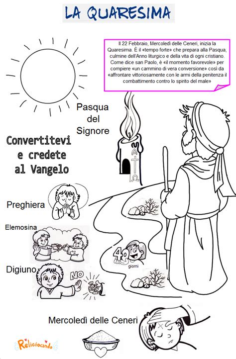 Infografica colorata che illustra il cammino della Quaresima come un sentiero che porta alla luce della Risurrezione, con tappe simboliche per i bambini