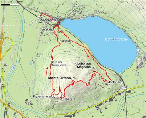 Mappa schematica del percorso ad anello sul Monte Orfano con i punti di interesse segnati