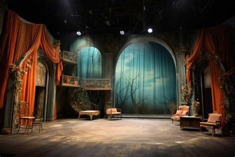 Scenografia teatrale con schermo di pagine e performer su piano inclinato