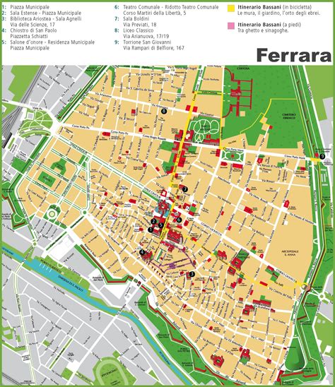 Mappa del centro di Ferrara con evidenziate le sedi dell'Azione Cattolica e di enti correlati