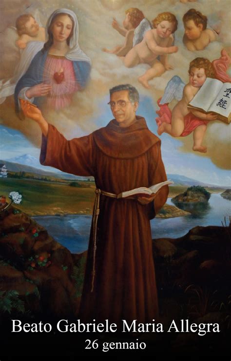 Un ritratto del Beato Gabriele Maria Allegra con un libro in mano, sullo sfondo si intravede un paesaggio cinese.